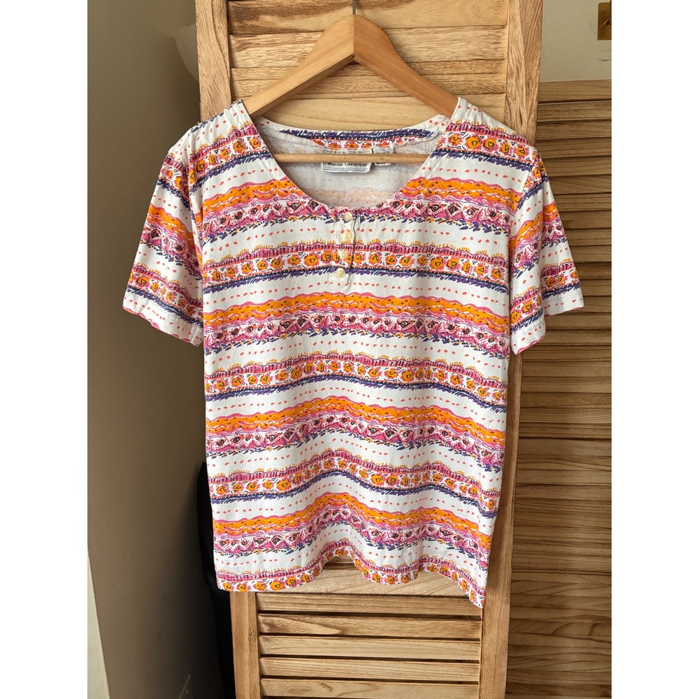 Maggie Lawrence VTG Cotton Henley Top Short Sleeve Geometric Tribal Print M Boho